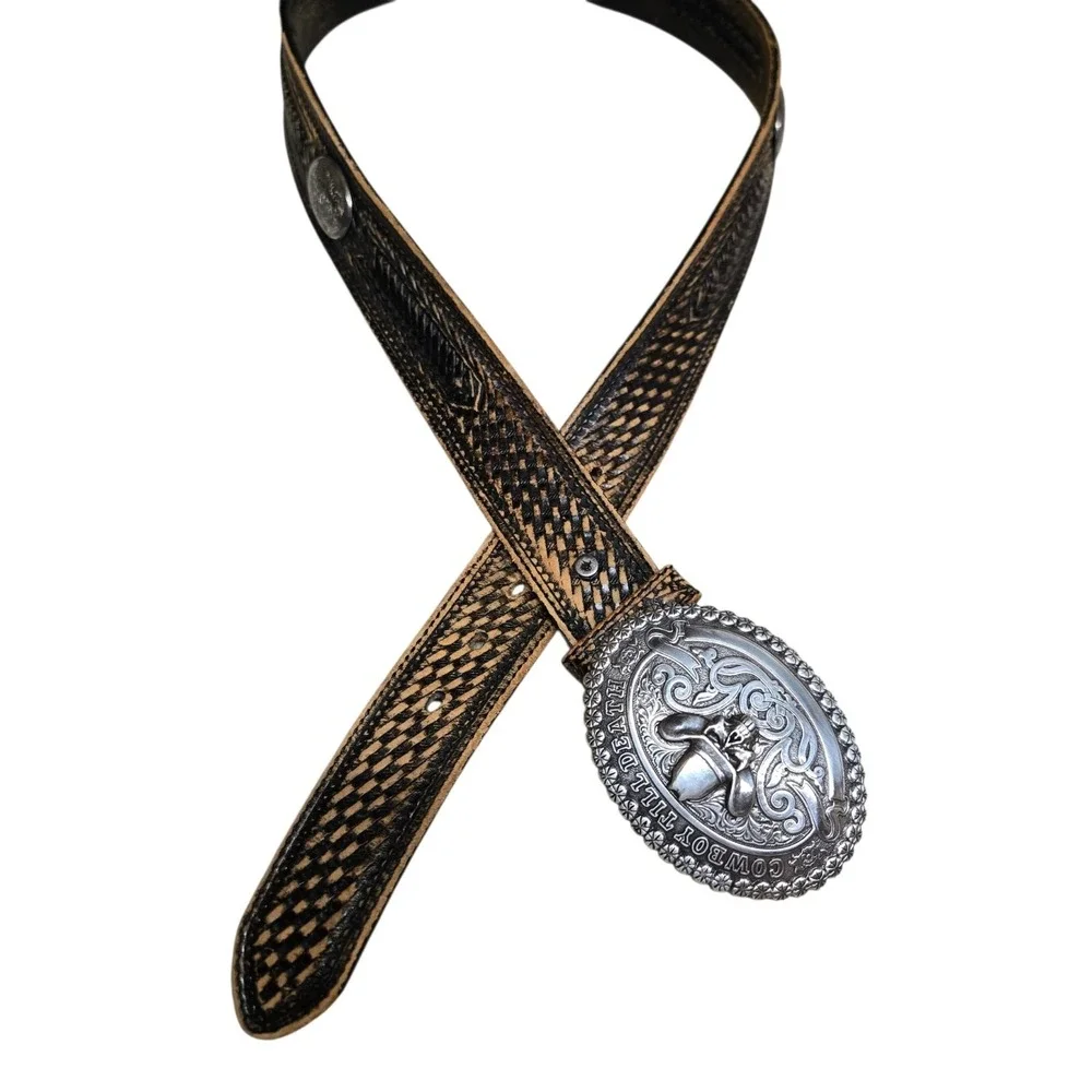 Crumrine Western Belt Buckle  Cowboy Till Death Silver Creek Belt Black 36‎